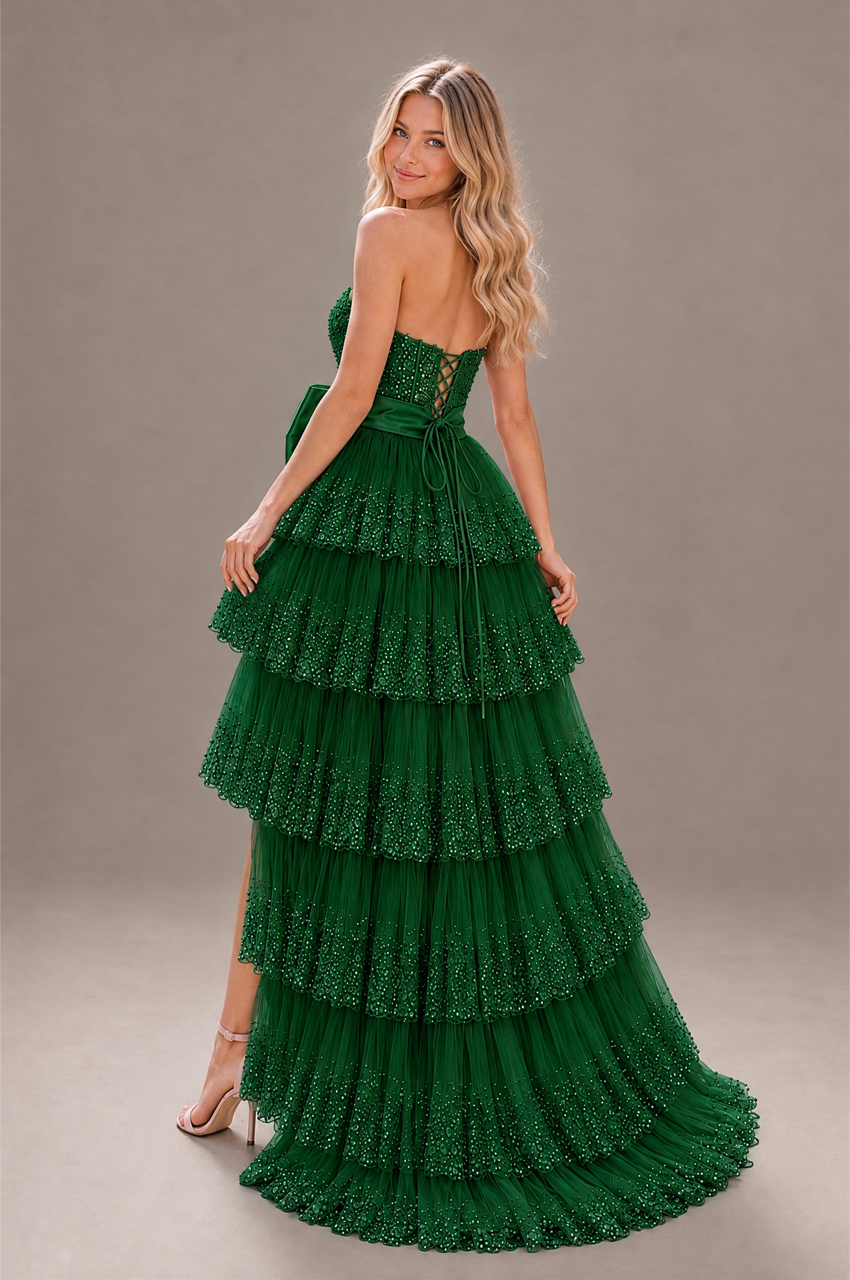 BOLODOO Emerald Green Strapless Tiered Tulle Prom Dress with Bow - Emerald Green - Emerald_Green_2