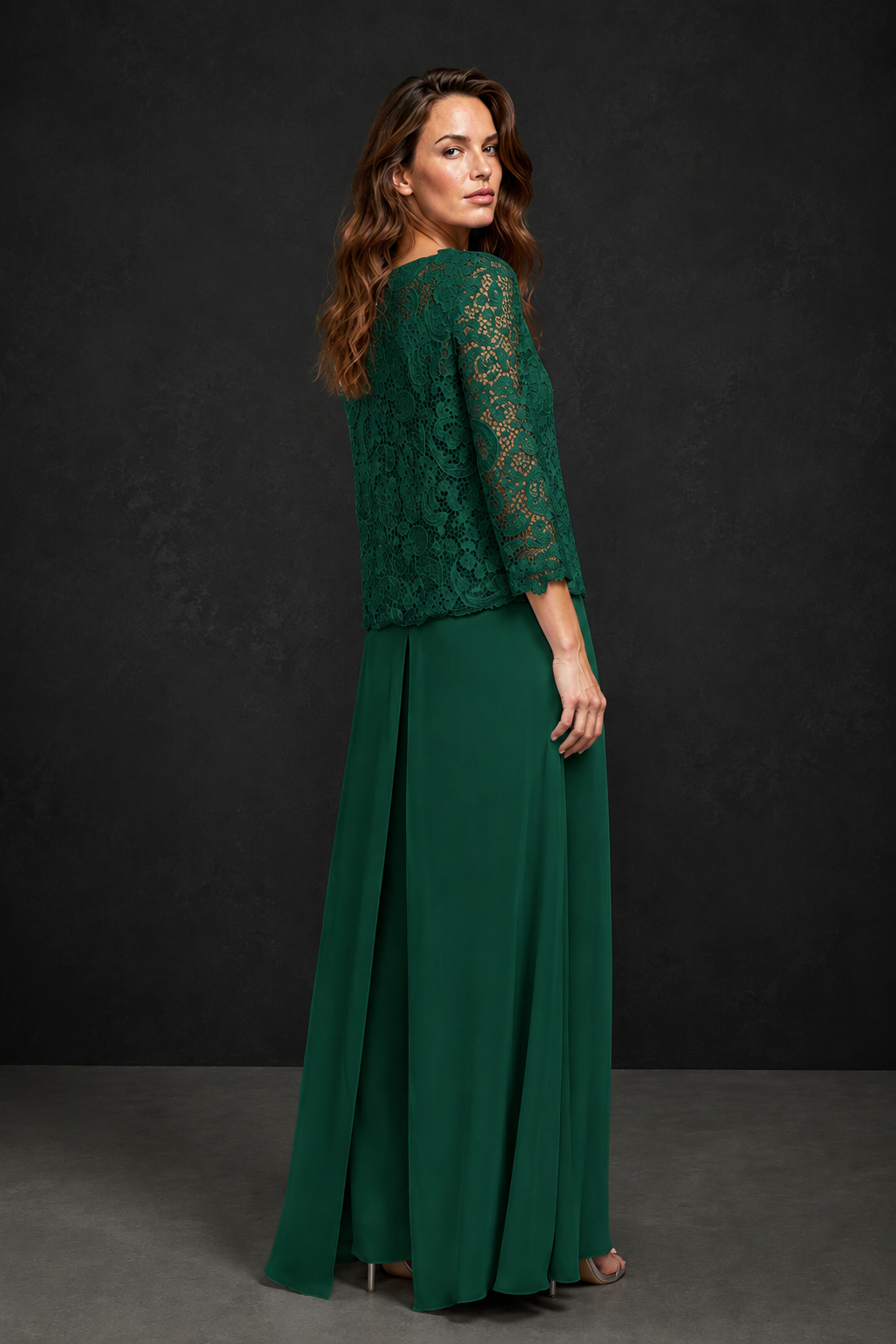 BOLODOO Emerald Green Grey Lace Peplum Top & Wide-Leg Chiffon Pants Set | Mother of the Bride & Formal Evening Outfit - Emerald Green