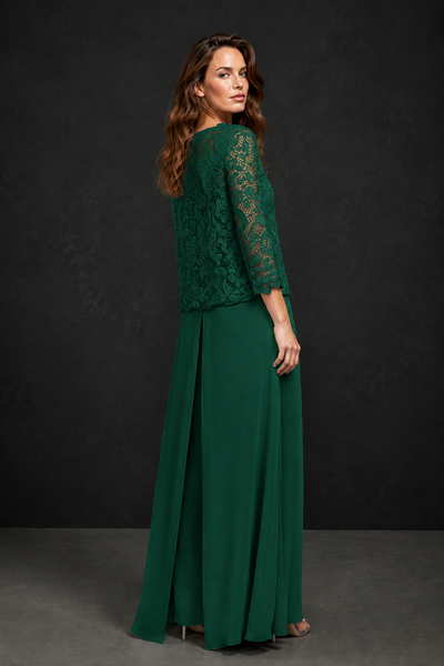 BOLODOO Emerald Green Grey Lace Peplum Top & Wide-Leg Chiffon Pants Set | Mother of the Bride & Formal Evening Outfit - Emerald Green