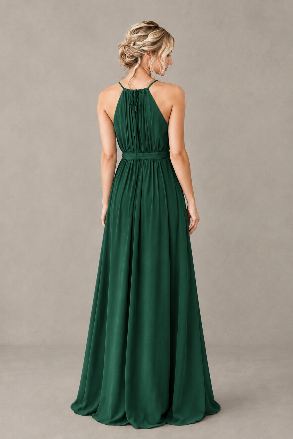 BOLODOO Emerald Green Halter Chiffon Bridesmaid Dress with High Slit - Emerald Green