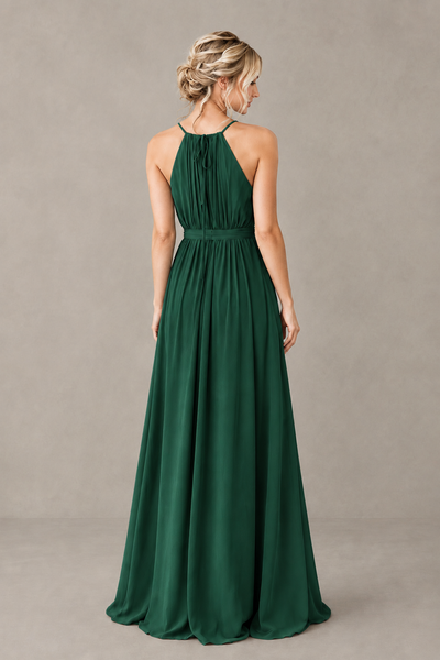 BOLODOO Emerald Green Halter Chiffon Bridesmaid Dress with High Slit - Emerald Green