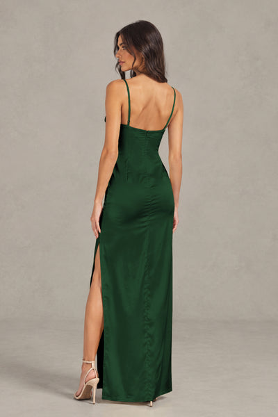 BOLODOO Emerald Green Satin Cowl Neck Open Back Mermaid Maxi Dress with Side Slit - Emerald Green