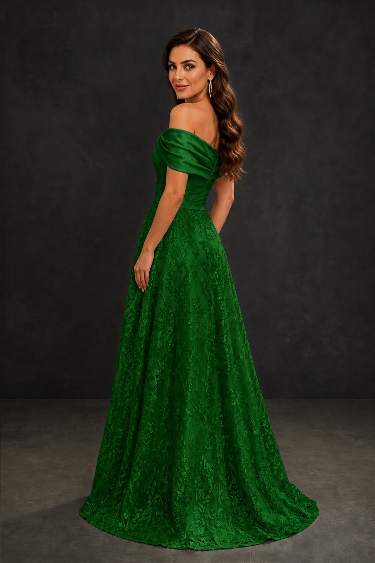 BOLODOO Emerald Green Lace Glitter Off Shoulder Cap Sleeve A-Line Ball Gown with Train – Formal Evening Dress - Emerald Green