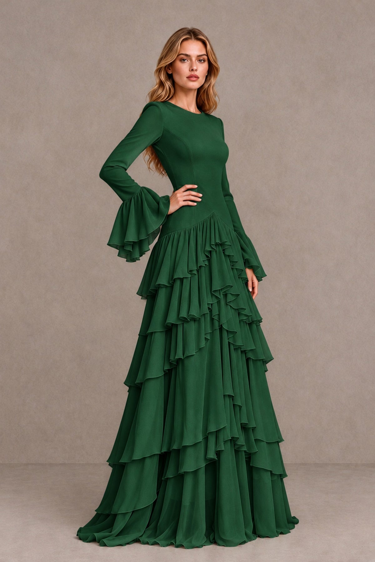 Emerald Green Long Sleeve Tiered Ruffle Evening Gown - Emerald Green - Emerald Green_3
