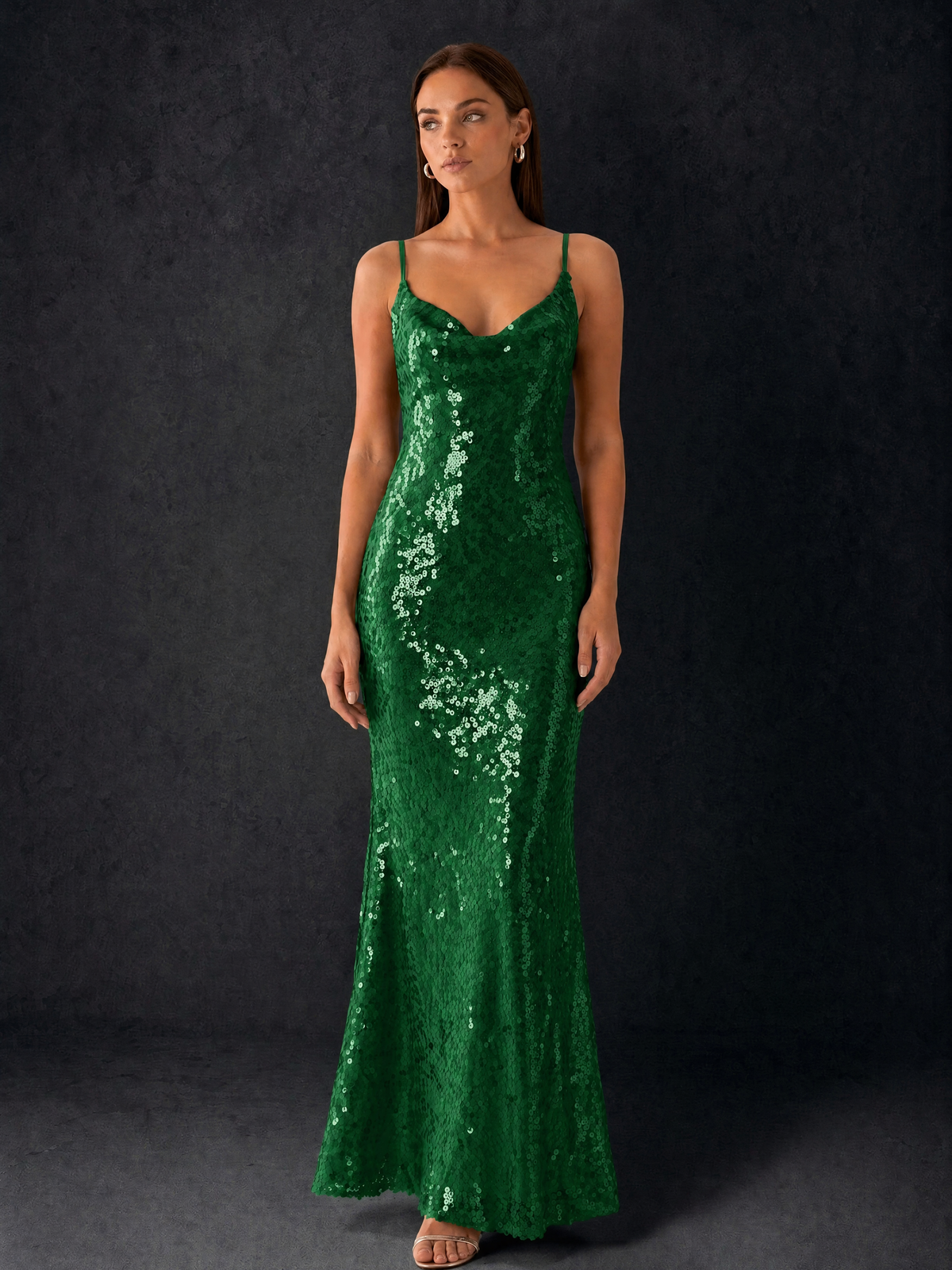 BOLODOO Bronze Sequin Cowl Neck Spaghetti Strap Mermaid Maxi Dress with Open Criss-Cross Back - Emerald Green - Emerald Green