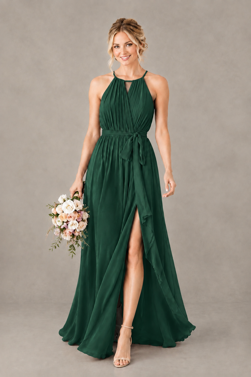 BOLODOO Emerald Green Halter Chiffon Bridesmaid Dress with High Slit - Emerald Green