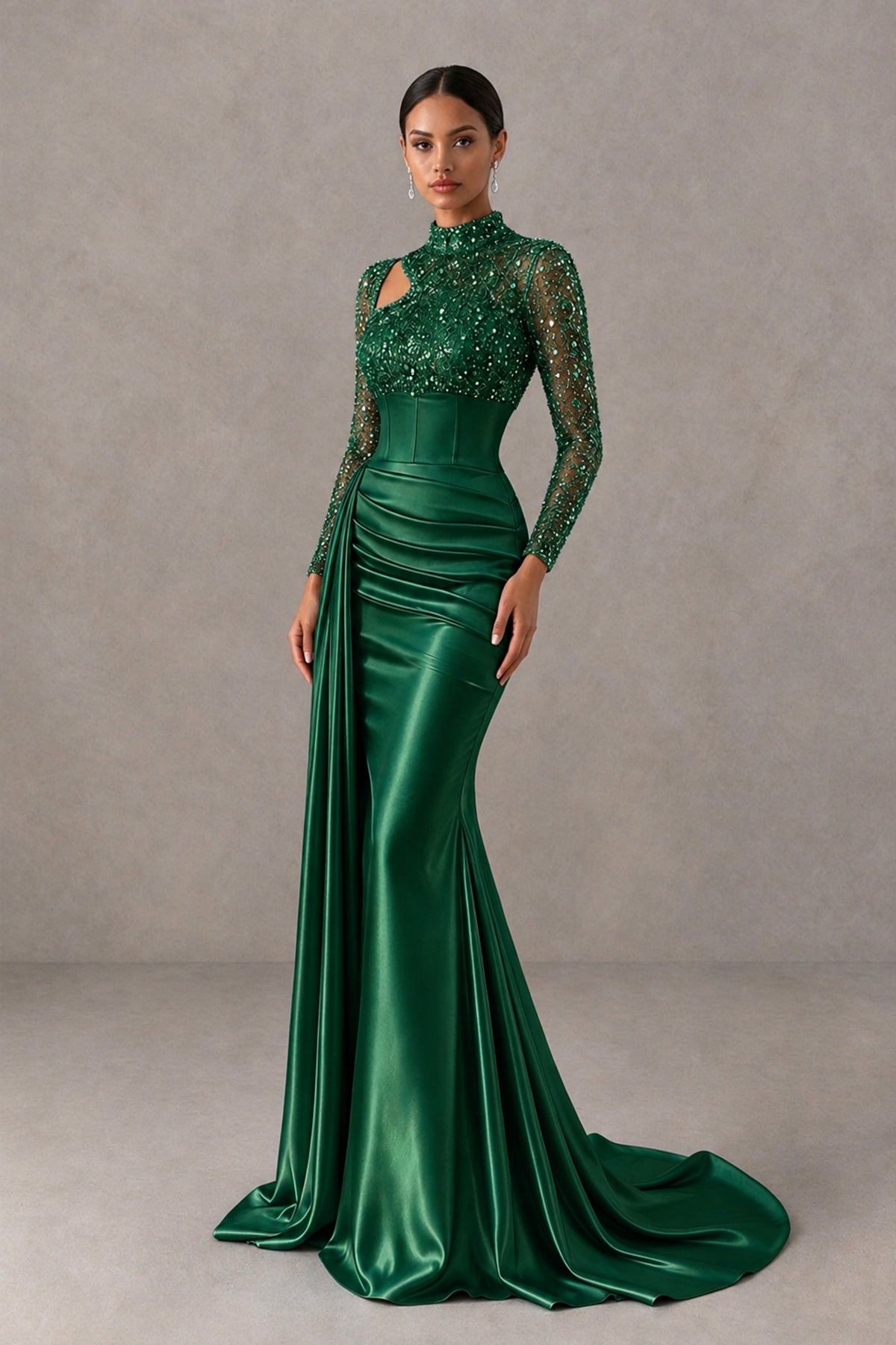 BOLODOO Emerald Green Long Sleeve Embellished Satin Mermaid Evening Gown - Emerald Green - Emerald Green_3