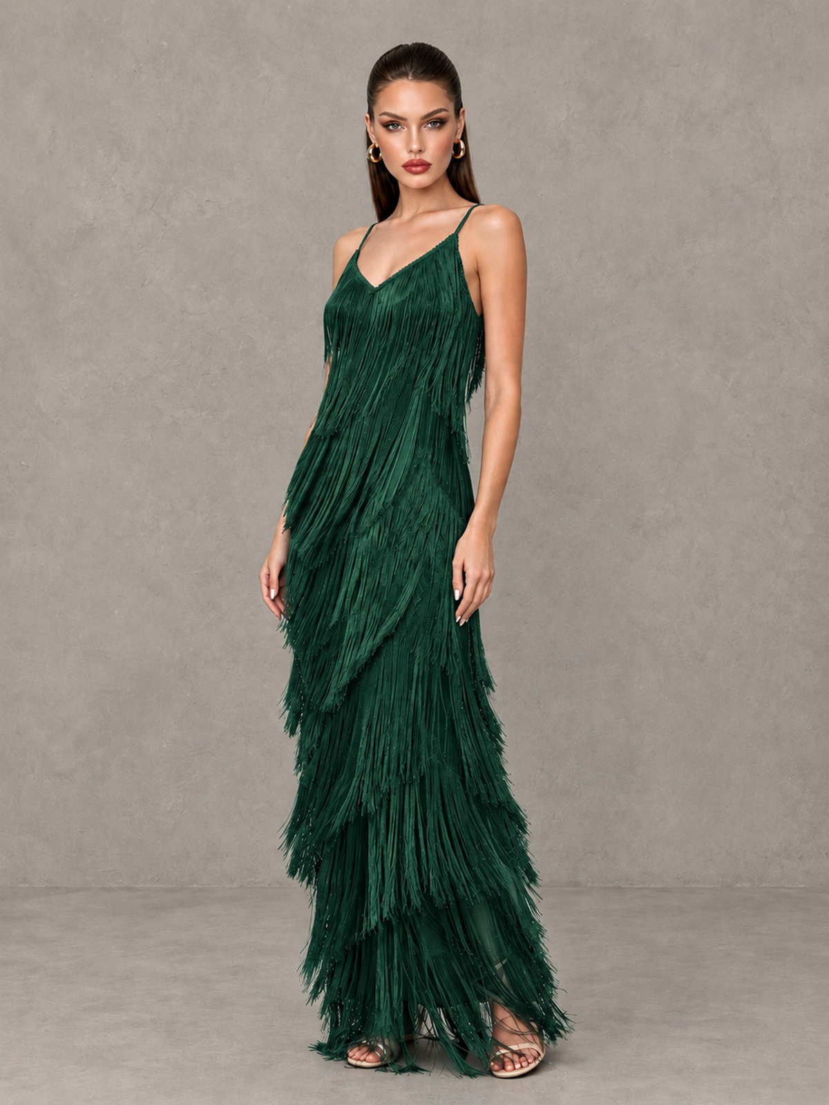 BOLODOO Emerald Green V-Neck Spaghetti Strap Fringe Maxi Evening Dress - Emerald Green - Emerald Green_3