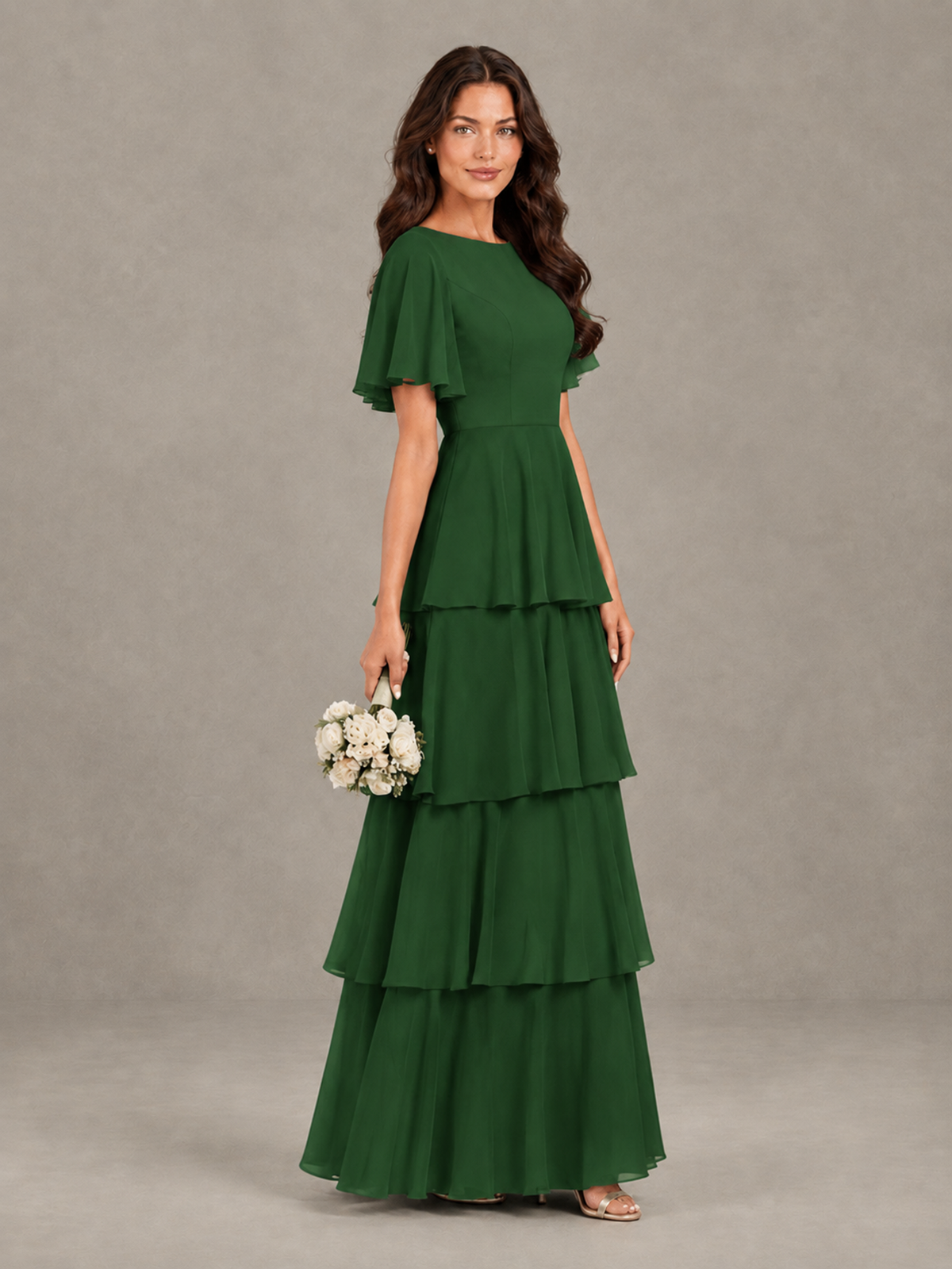 BOLODOO Emerald Green Tiered Flutter Sleeve Bridesmaid Dress - Emerald Green - Emerald Green_3