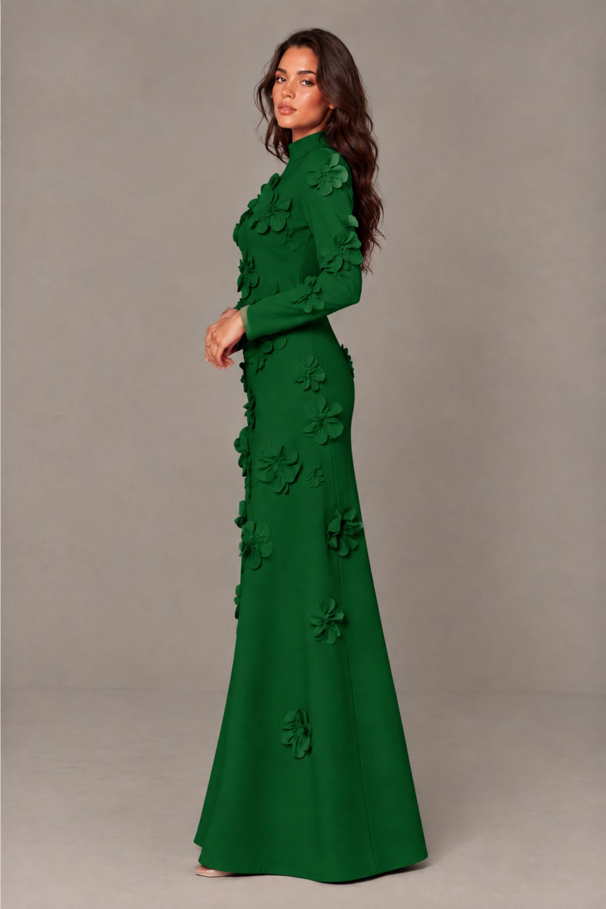 BOLODOO Emerald Green High Neck Long Sleeve 3D Floral Evening Gown - Emerald Green