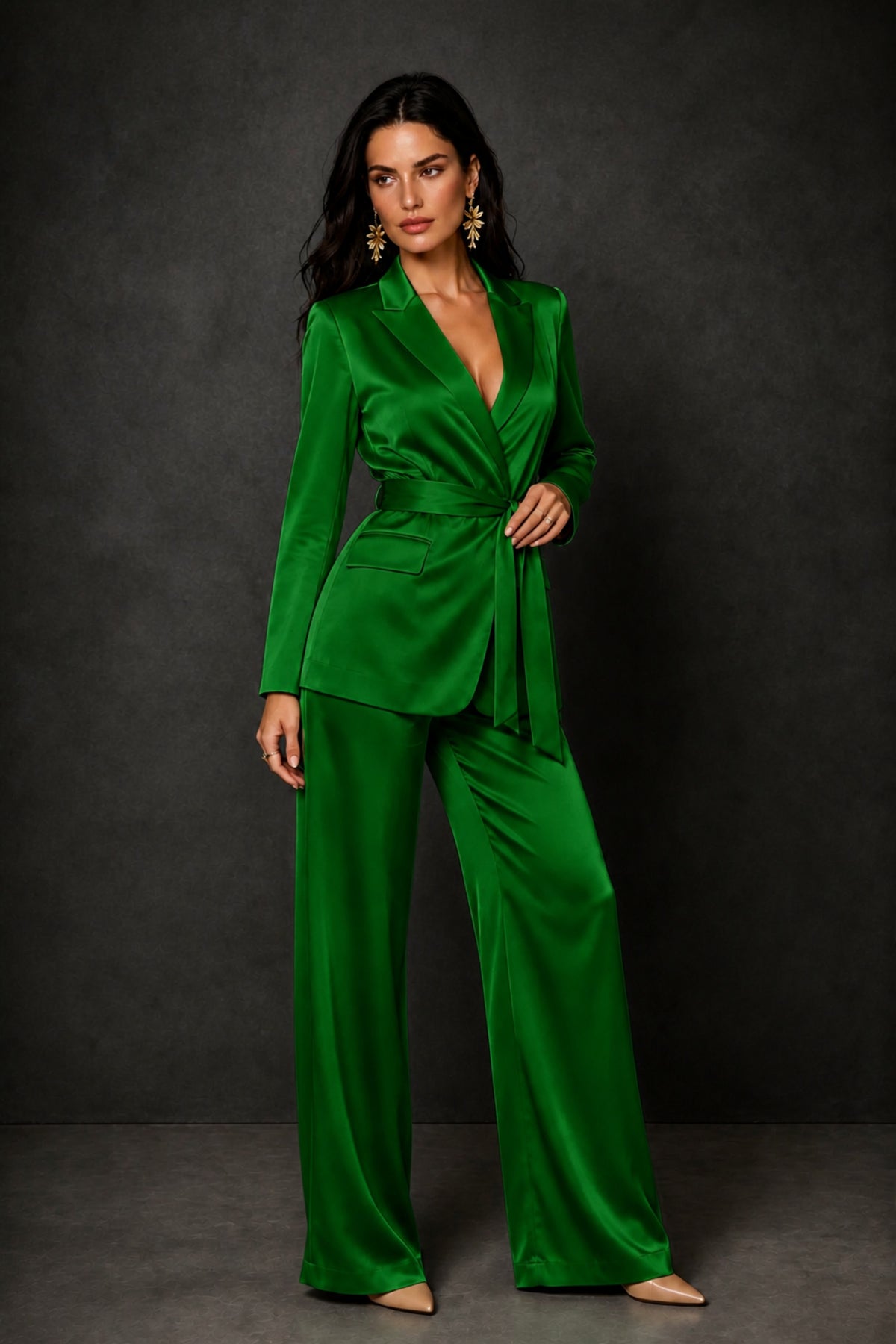 BOLODOO Emerald Green Satin Wrap Blazer Wide-Leg Pants Two-Piece Suit Set – Evening Gala Wedding Guest - Emerald Green