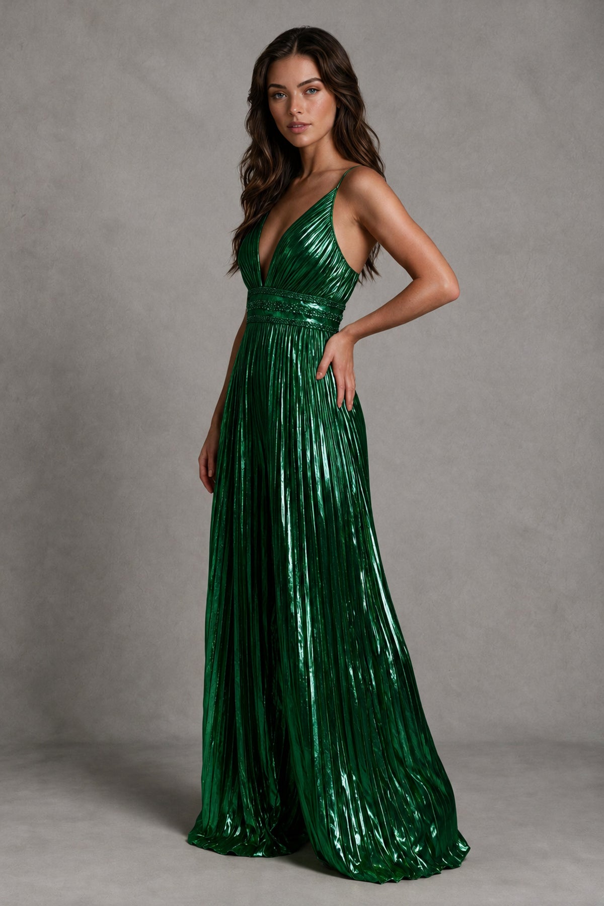 BOLODOO Emerald Green Pleated Wide-Leg Jumpsuit with Open Back - Emerald Green