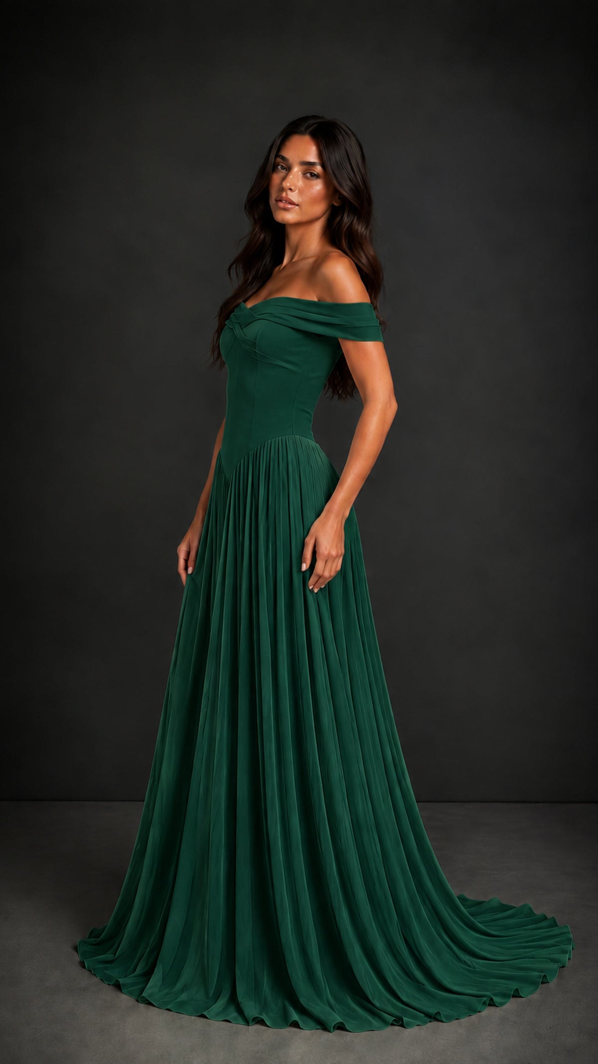 BOLODOO Emerald Green Off-Shoulder Sweetheart Corset Pleated Chiffon Maxi Dress - Emerald Green