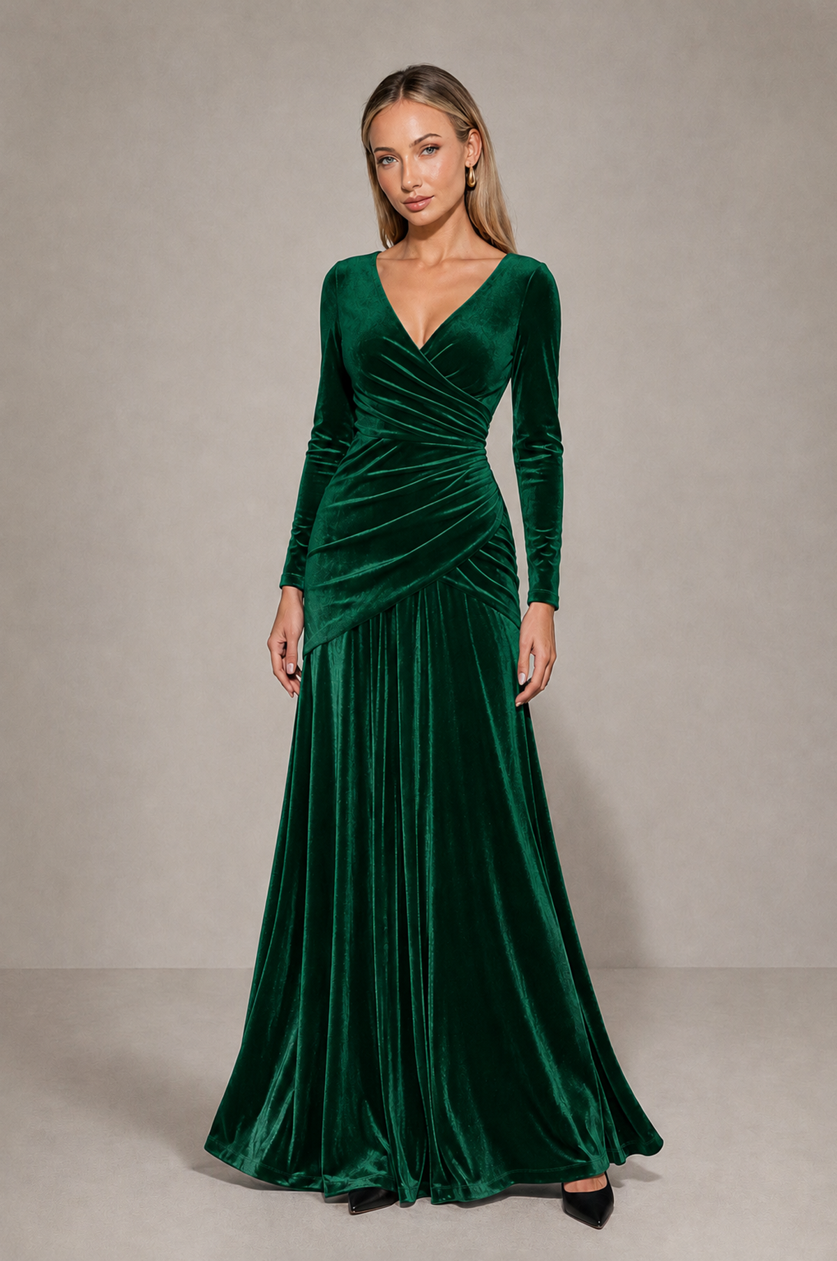 BOLODOO Emerald Green Velvet Long Sleeve V-Neck Ruched Evening Dress - Emerald Green - Emerald_Green_3