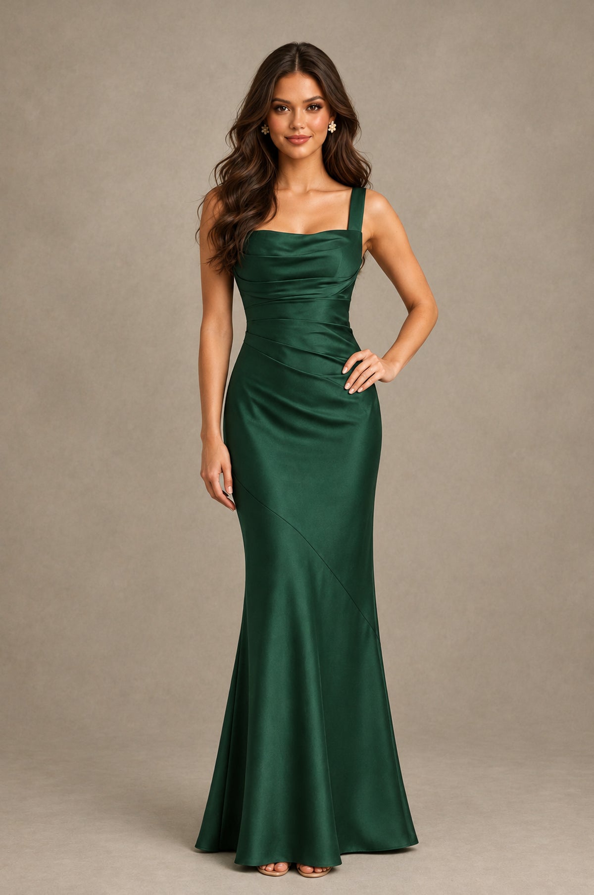 BOLODOO Emerald Green Square Neck Ruched Satin Lace-Up Bridesmaid Dress - Emerald Green - Emerald Green_3