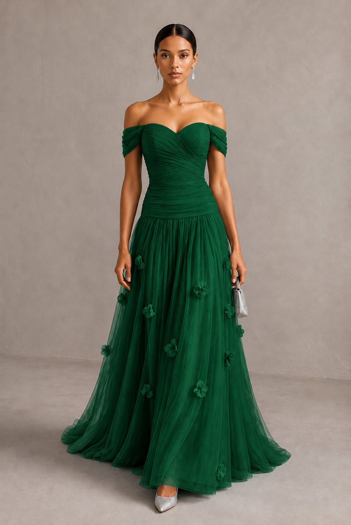 Emerald Green Off-Shoulder Sweetheart A-Line Tulle Gown with 3D Floral Appliques | BOLODOO - Emerald Green