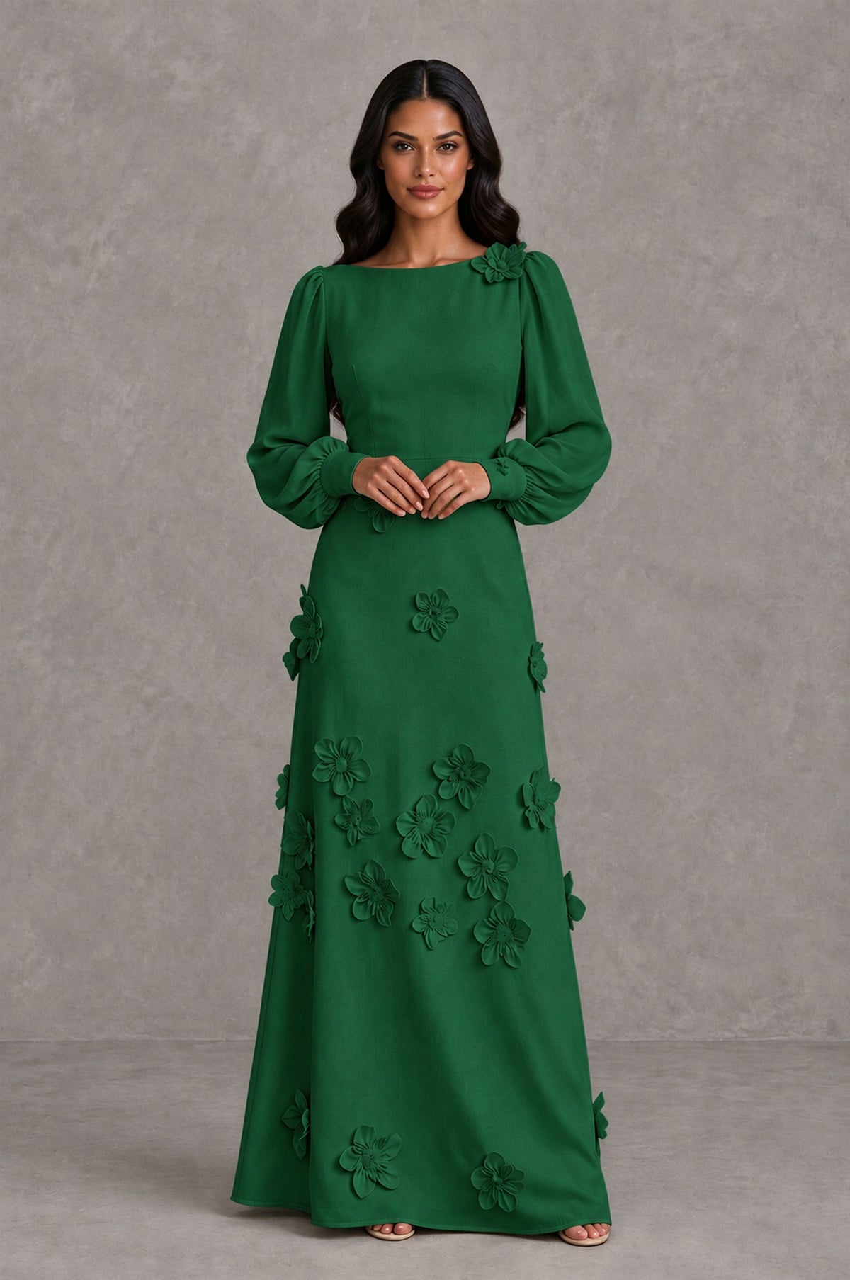 BOLODOO Emerald Green Long Sleeve Floral Applique A-Line Evening Dress - Emerald Green - Emerald Green_3