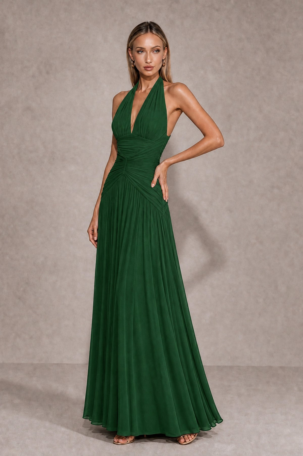 BOLODOO Emerald Green Chiffon Halter Deep V-Neck Ruched A-Line Backless Maxi Dress with Train-BD0167 - Emerald Green - Emerald Green_3