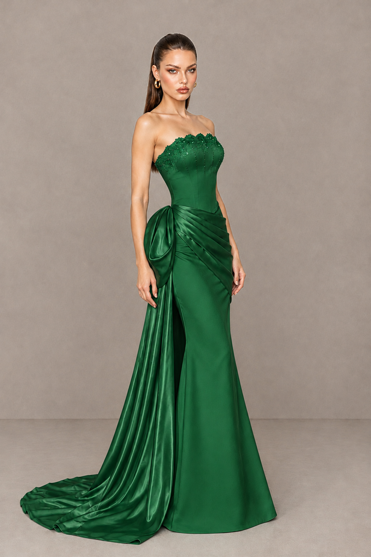 BOLODOO Emerald Green Strapless Satin Prom Dress with Draped Side Train - Emerald Green - Emerald_Green_3