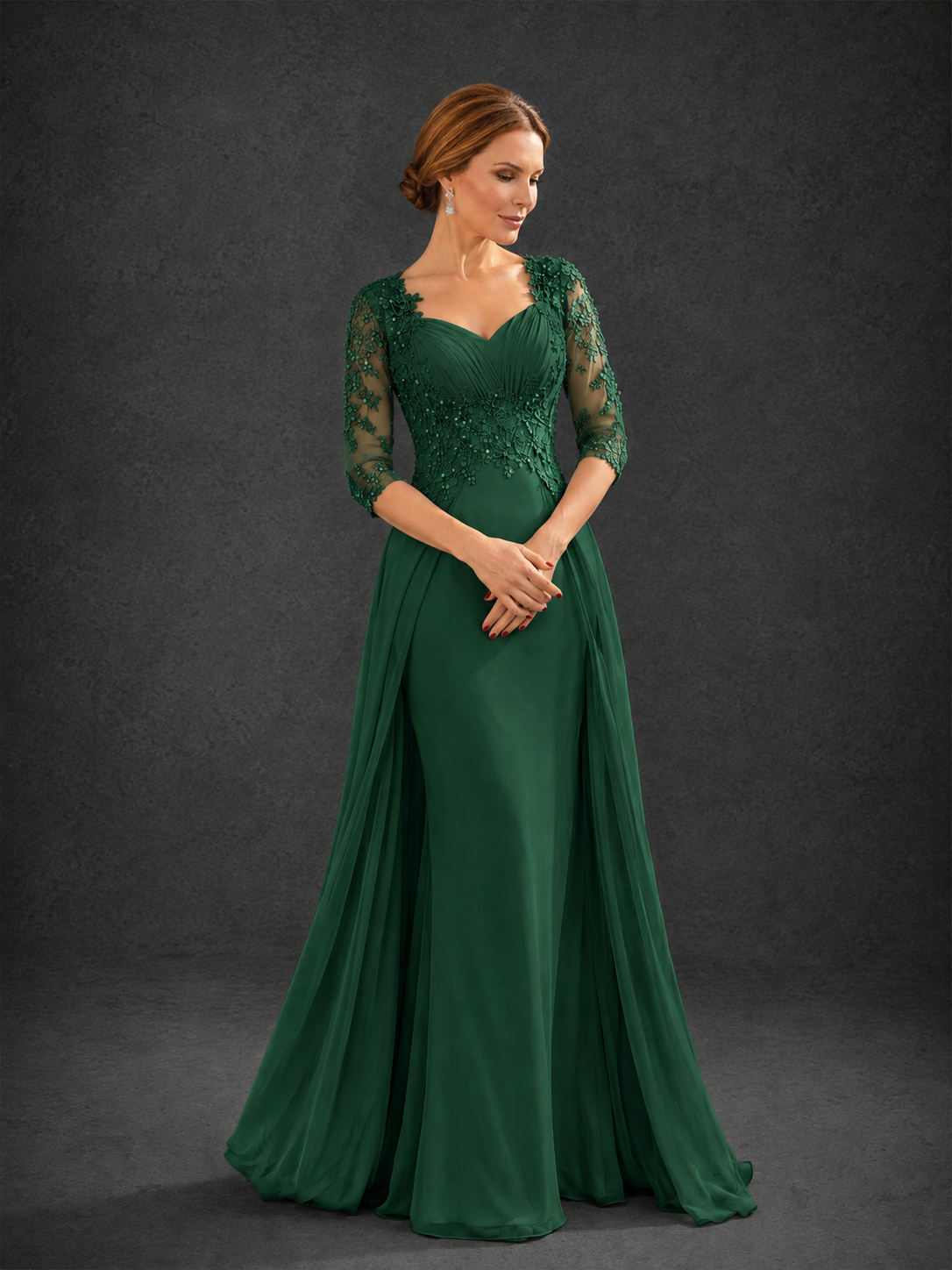 BOLODOO Emerald Green Sweetheart Neck 3/4 Sleeve Floral Lace Illusion Bodice Chiffon A-Line Gown - Emerald Green