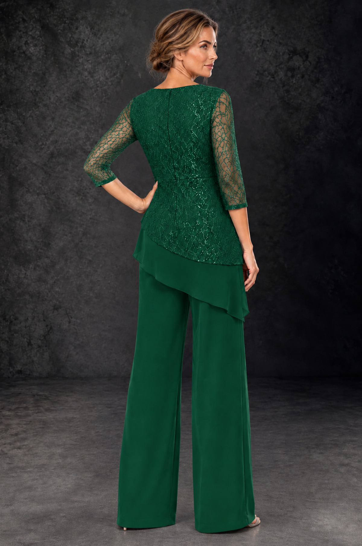 BOLODOO Emerald Green Sequin Lace 3/4 Sleeve Chiffon Mother of the Bride Pant Suit - Emerald Green - Emerald_Green_3