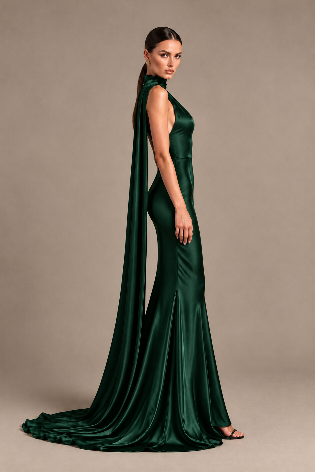 BOLODOO Emerald Green One-Shoulder Satin Mermaid Evening Dress with Scarf - Emerald Green - Emerald Green_3