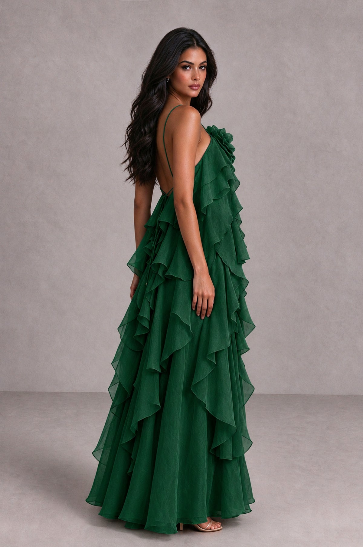 BOLODOO Emerald Green Cascading Ruffle Rosette Open-Back Maxi Dress - Emerald Green - Emerald Green_3