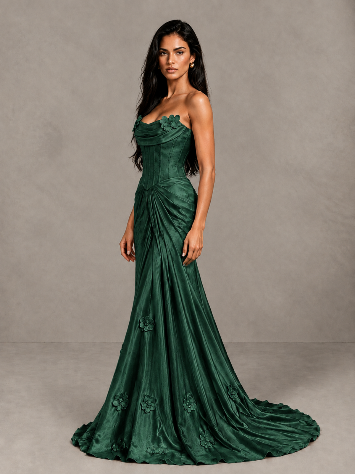 BOLODOO Emerald Green Strapless Floral Corset Evening Gown with Train - Emerald Green - Emerald Green_3