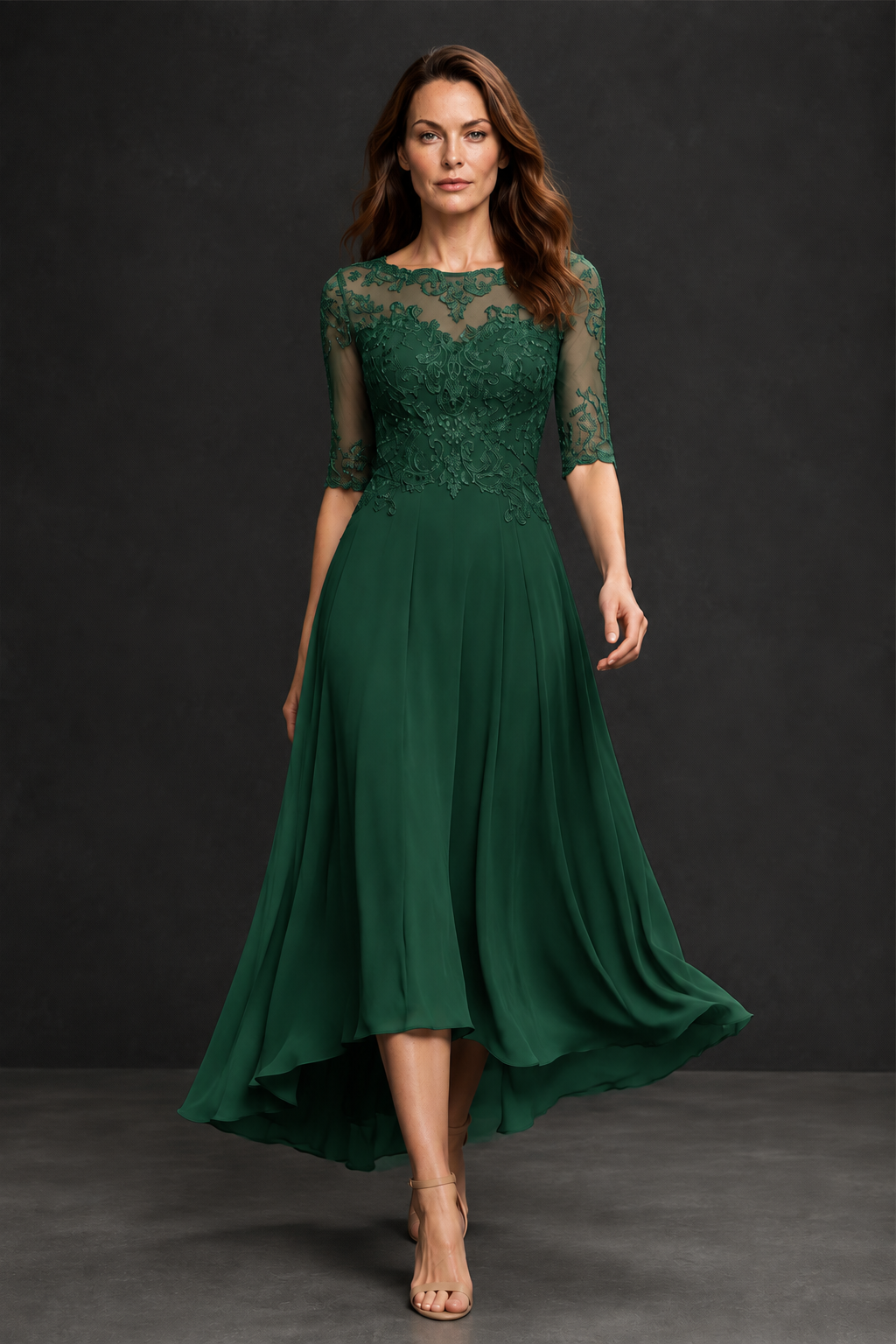BOLODOO Emerald Green Illusion Lace 3/4 Sleeve Hi-Lo Chiffon A-Line Dress | Mother of the Bride Tea Length Dress - Emerald Green