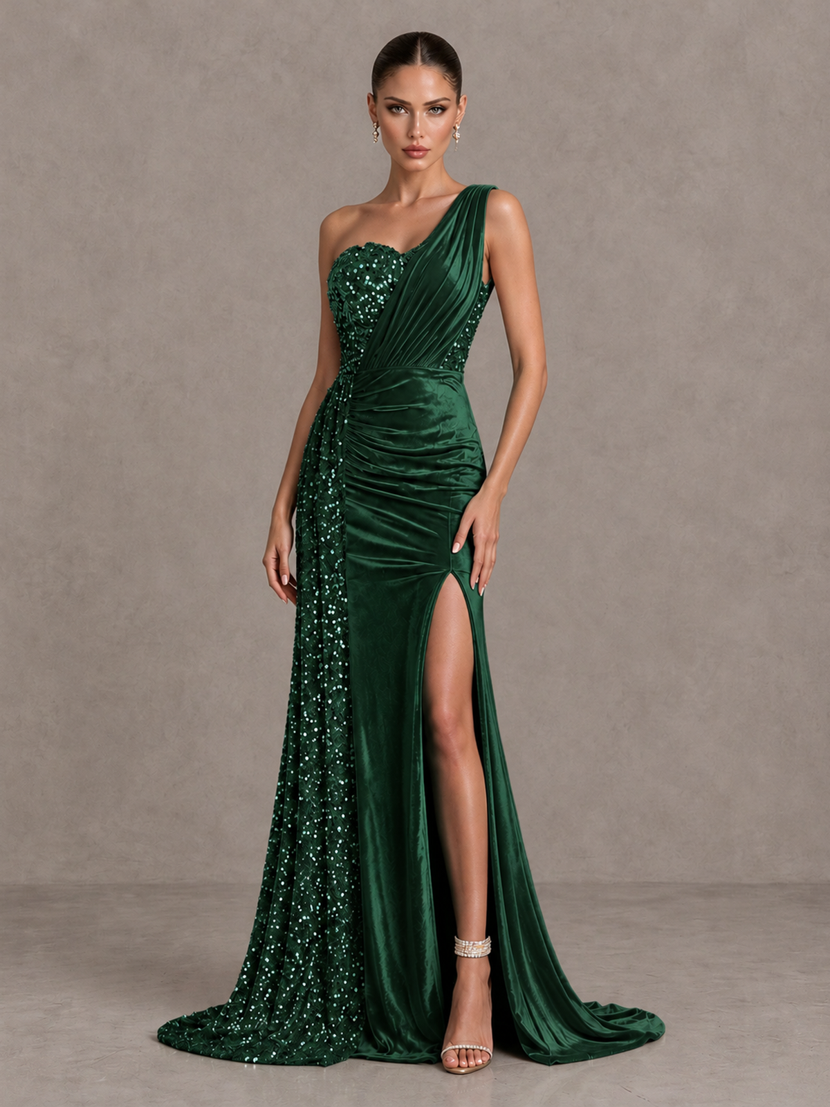 BOLODOO Emerald Green One-Shoulder Satin Sequin Gown with High Slit - Emerald Green - Emerald Green_3