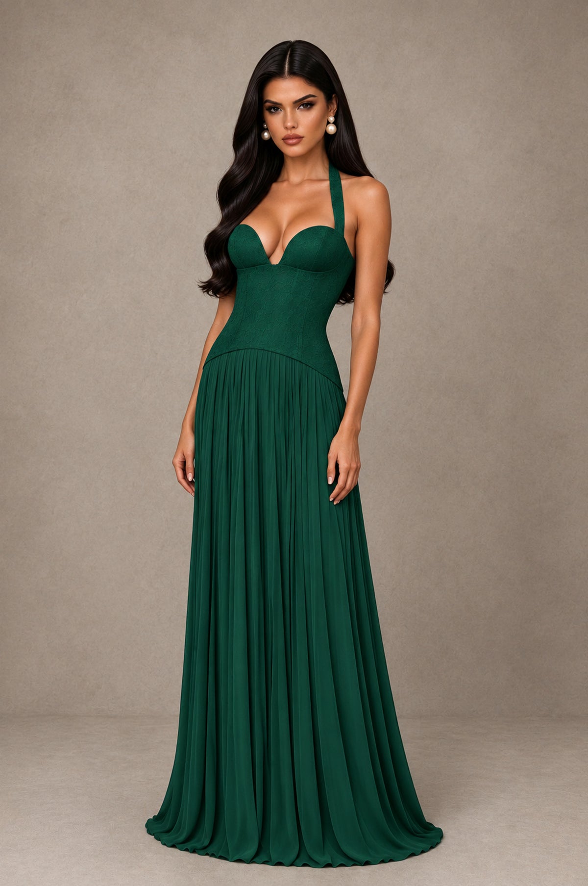 BOLODOO Emerald Green Halter Corset Pleated A-Line Evening Dress - Emerald Green - Emerald Green_3