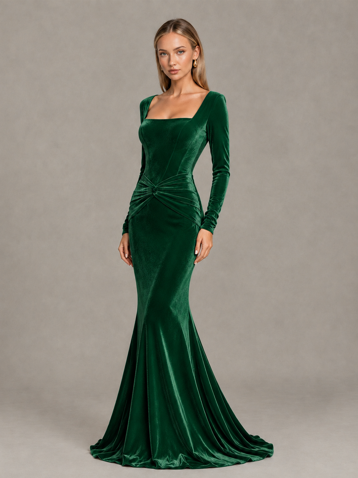 BOLODOO Emerald Green Velvet-Look Square Neck Long Sleeve Mermaid Evening Dress - Emerald Green - Emerald Green_3