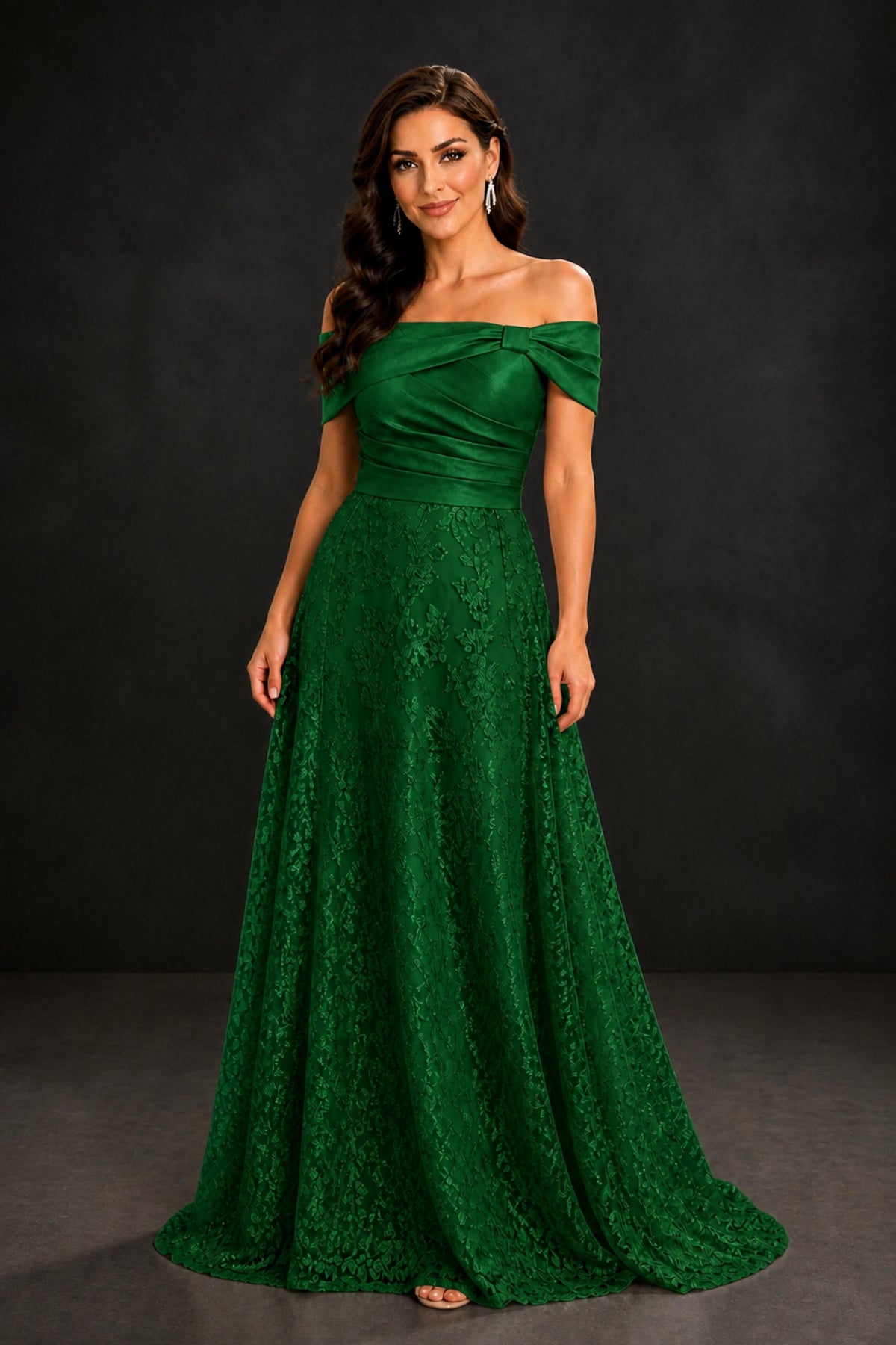 BOLODOO Emerald Green Lace Glitter Off Shoulder Cap Sleeve A-Line Ball Gown with Train – Formal Evening Dress - Emerald Green