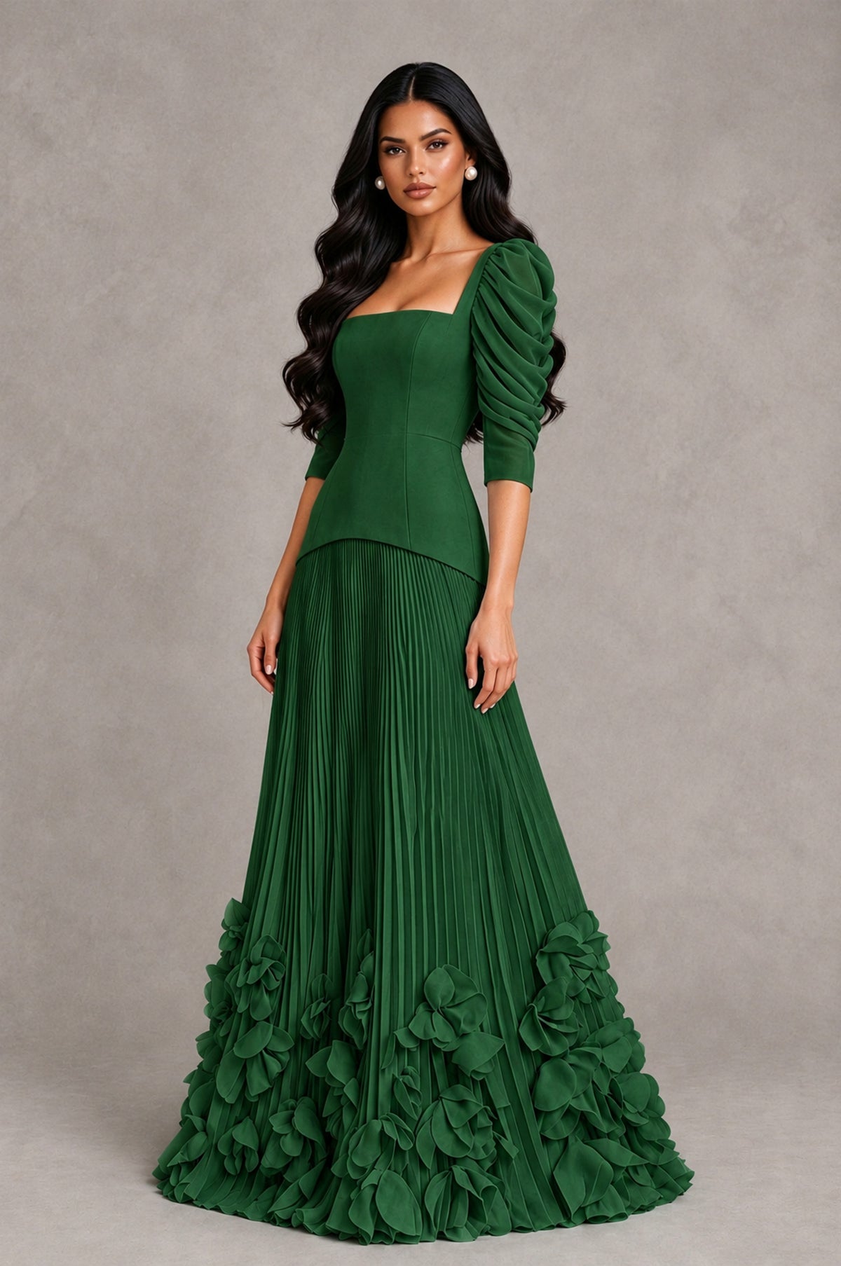 BOLODOO Emerald Green Square Neck Pleated Floral Applique Evening Dress - Emerald Green - Emerald Green_3
