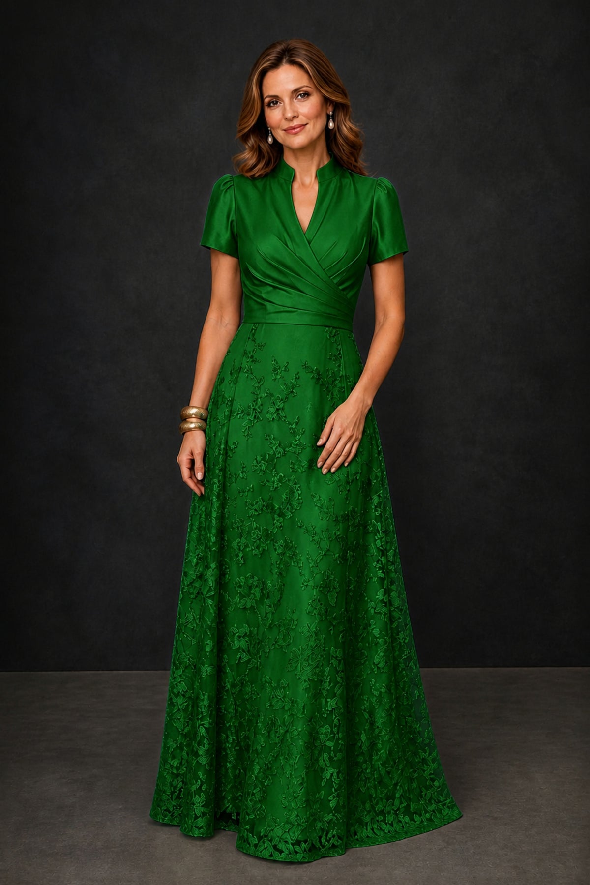 BOLODOO Emerald Green Satin Wrap V-Neck Short Sleeve Lace Glitter A-Line Floor Length Evening Gown – Formal Dress - Emerald Green