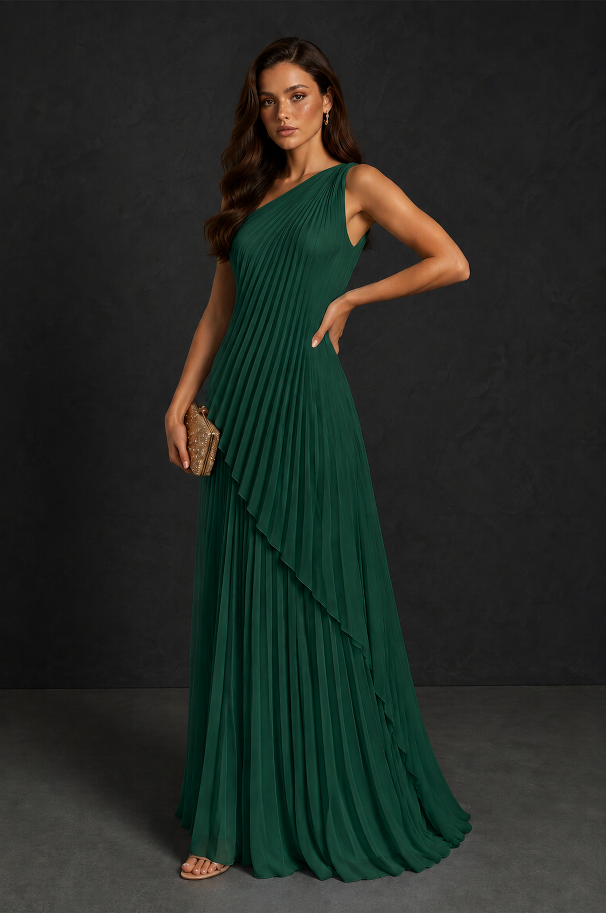 BOLODOO Emerald Green One-Shoulder Sunburst Pleated Asymmetric Layered Overlay Accordion Pleated Chiffon Maxi Dress - Emerald Green