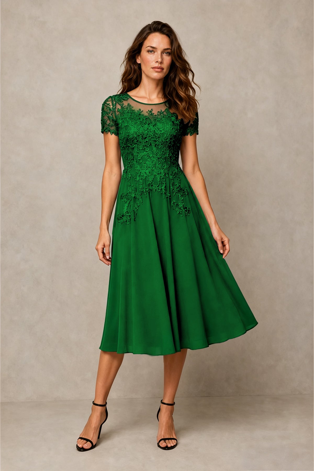 BOLODOO Steel Emerald Green Beaded Lace Illusion Bodice Chiffon Tea-Length Dress | Mother of the Bride & Cocktail Party - Emerald Green