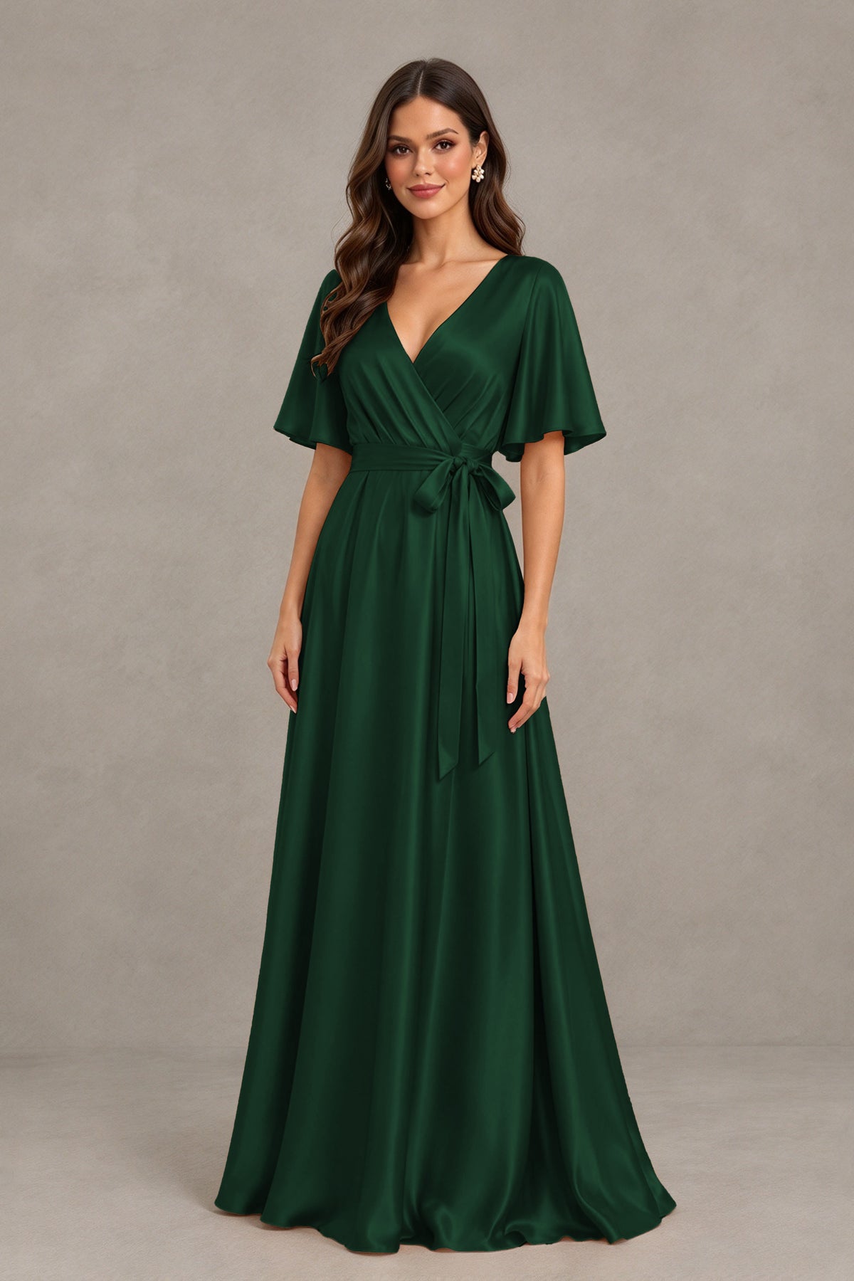 BOLODOO Emerald Green Satin V-Neck Flutter Sleeve Bridesmaid Dress with Slit - Emerald Green - Emerald Green(3)