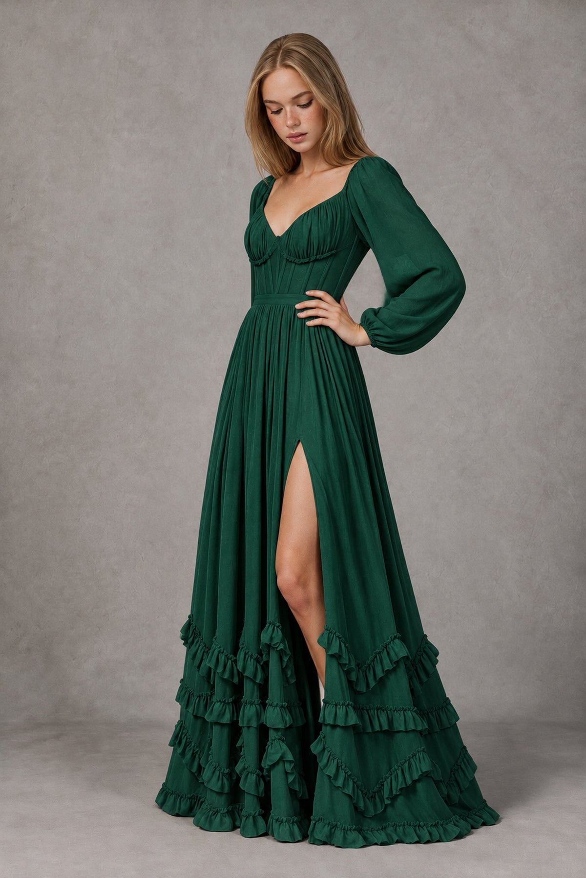 Emerald Green Long-Sleeve Ruffle Maxi Dress with Lace-Up Back and Slit - Emerald Green