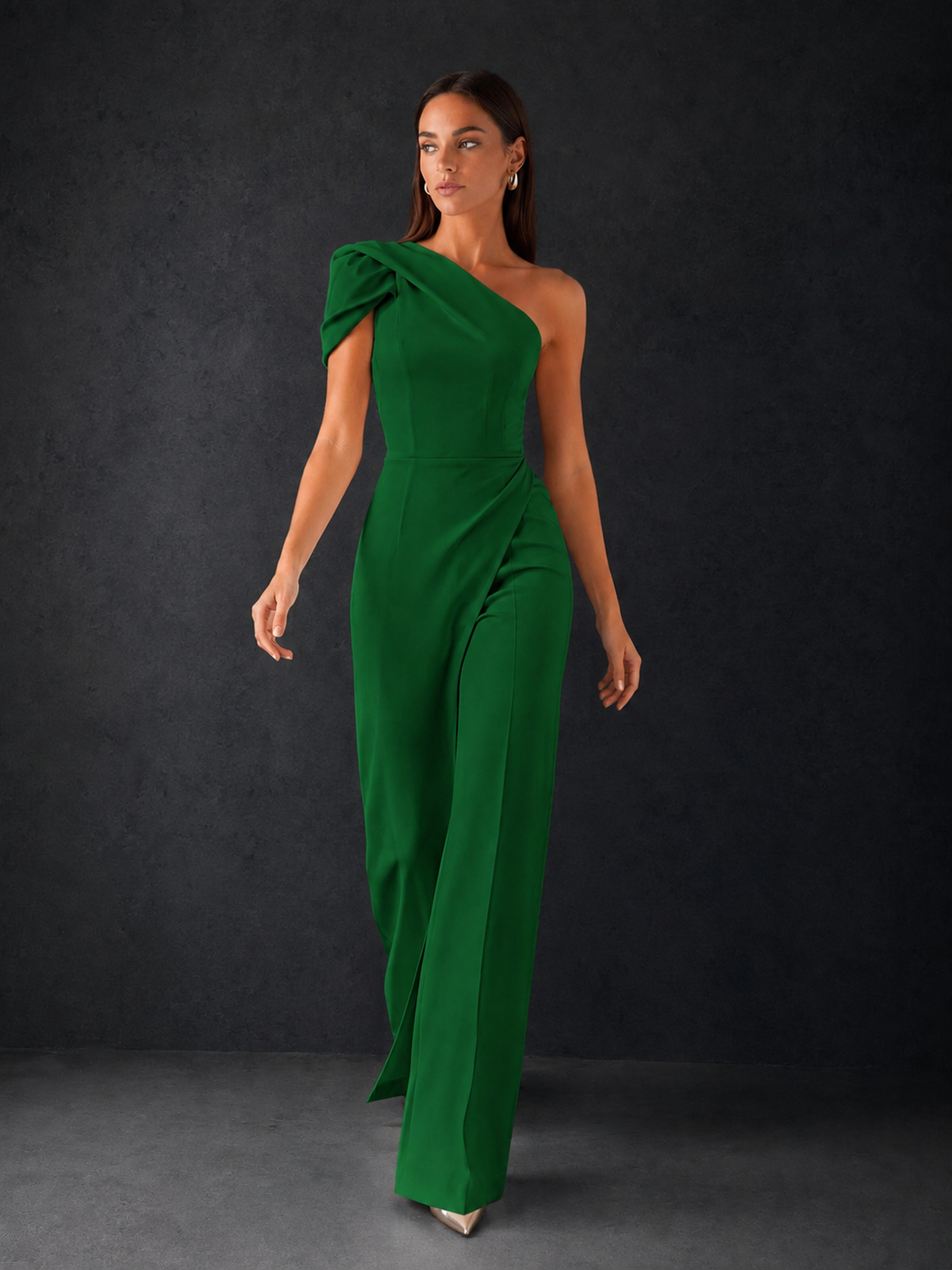 BOLODOO Emerald Green One-Shoulder Puff Sleeve Wide-Leg Jumpsuit with Front Slit and Open Back - Emerald Green