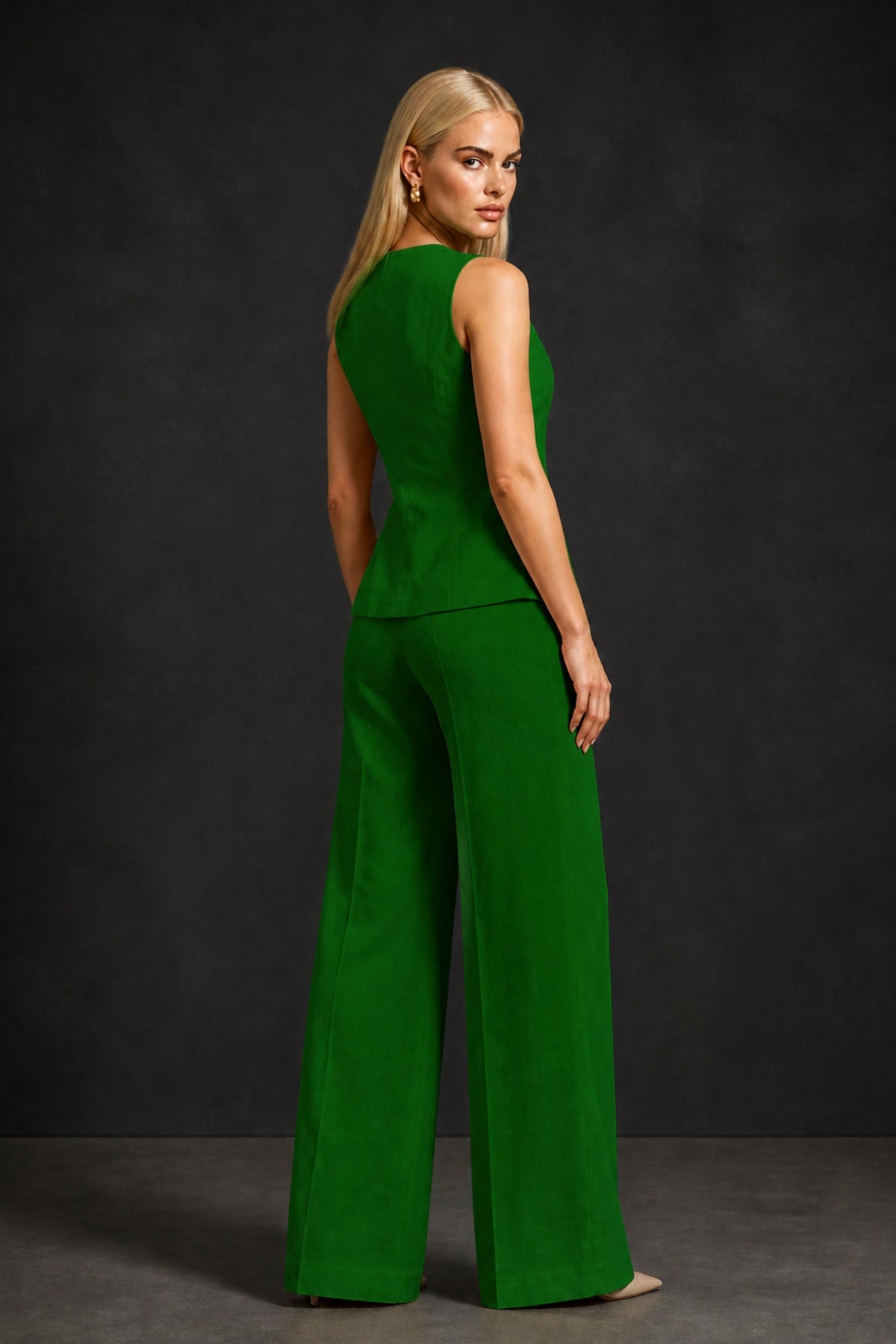 BOLODOO Emerald Green Sleeveless Vest Top & Wide-Leg Trousers Two-Piece Suit Set – Emerald Green Button Asymmetric Formal Set - Emerald Green