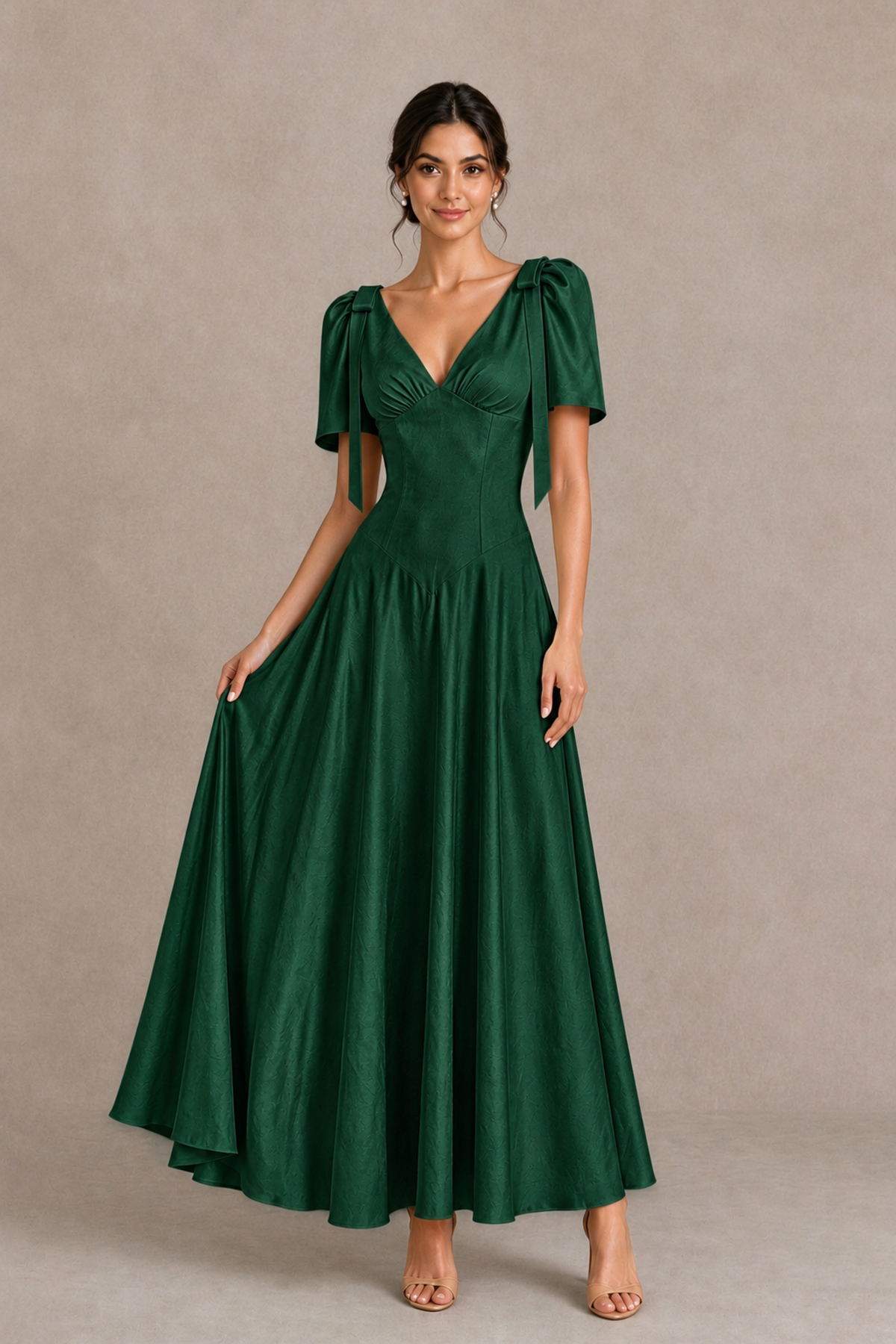 BOLODOO Emerald Green V-Neck Short Sleeve Satin-Look Bridesmaid Dress with Shoulder Bows - Emerald Green - Emerald Green_3