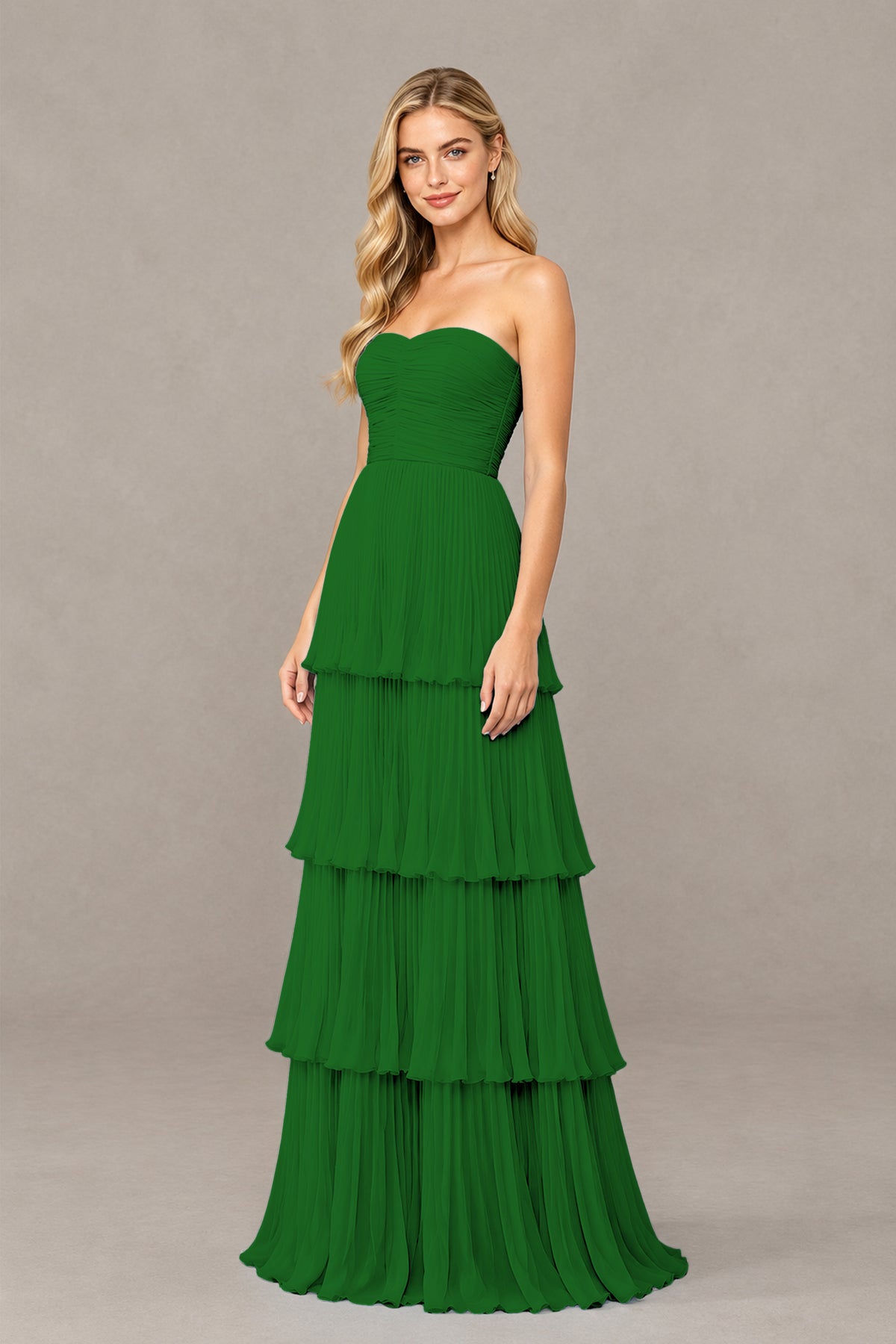 BOLODOO Emerald Green Strapless Tiered Chiffon Maxi Dress - Emerald Green