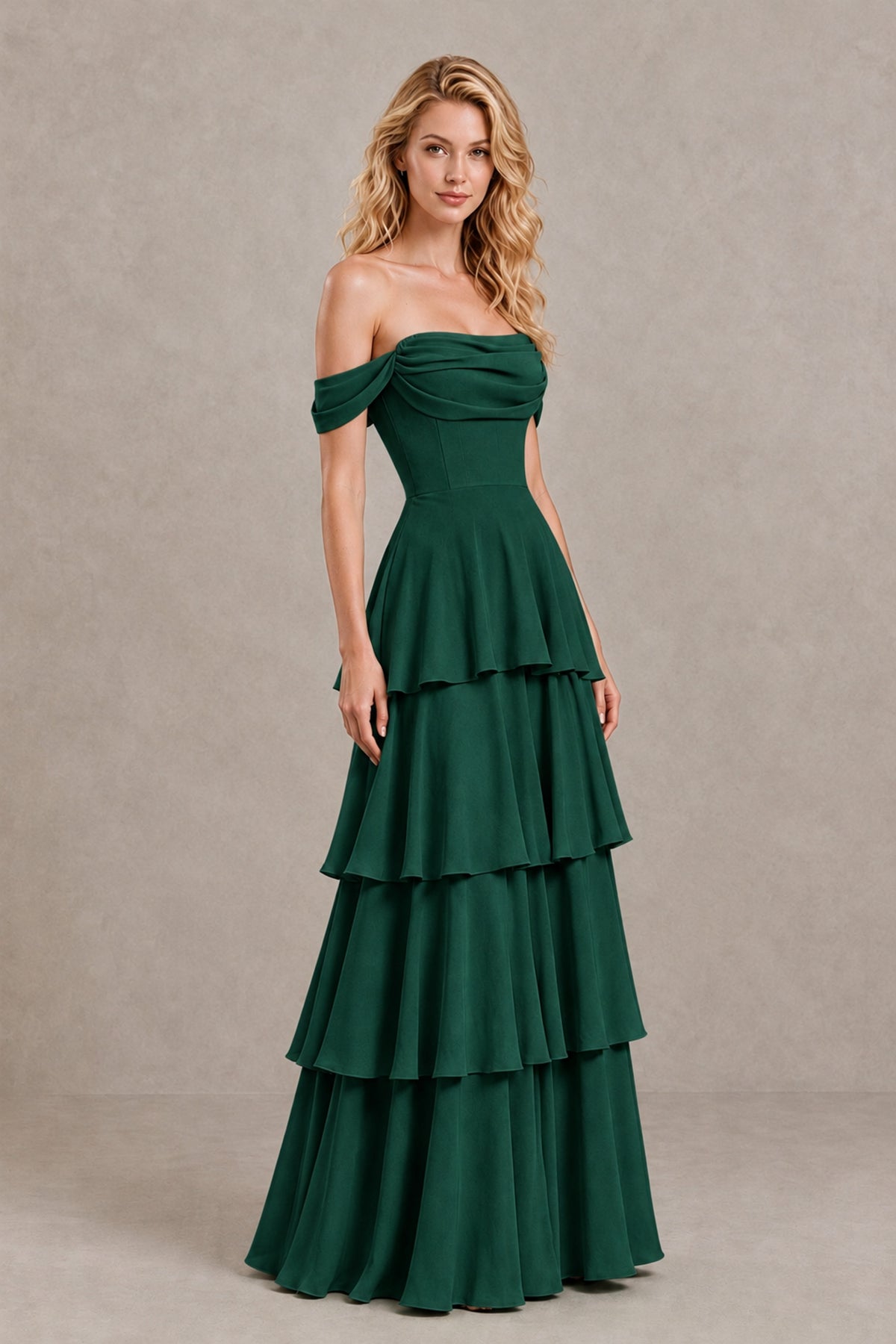 BOLODOO Emerald Green Off-the-Shoulder Tiered A-Line Evening Bridesmaid Dress - Emerald Green - Emerald Green_3