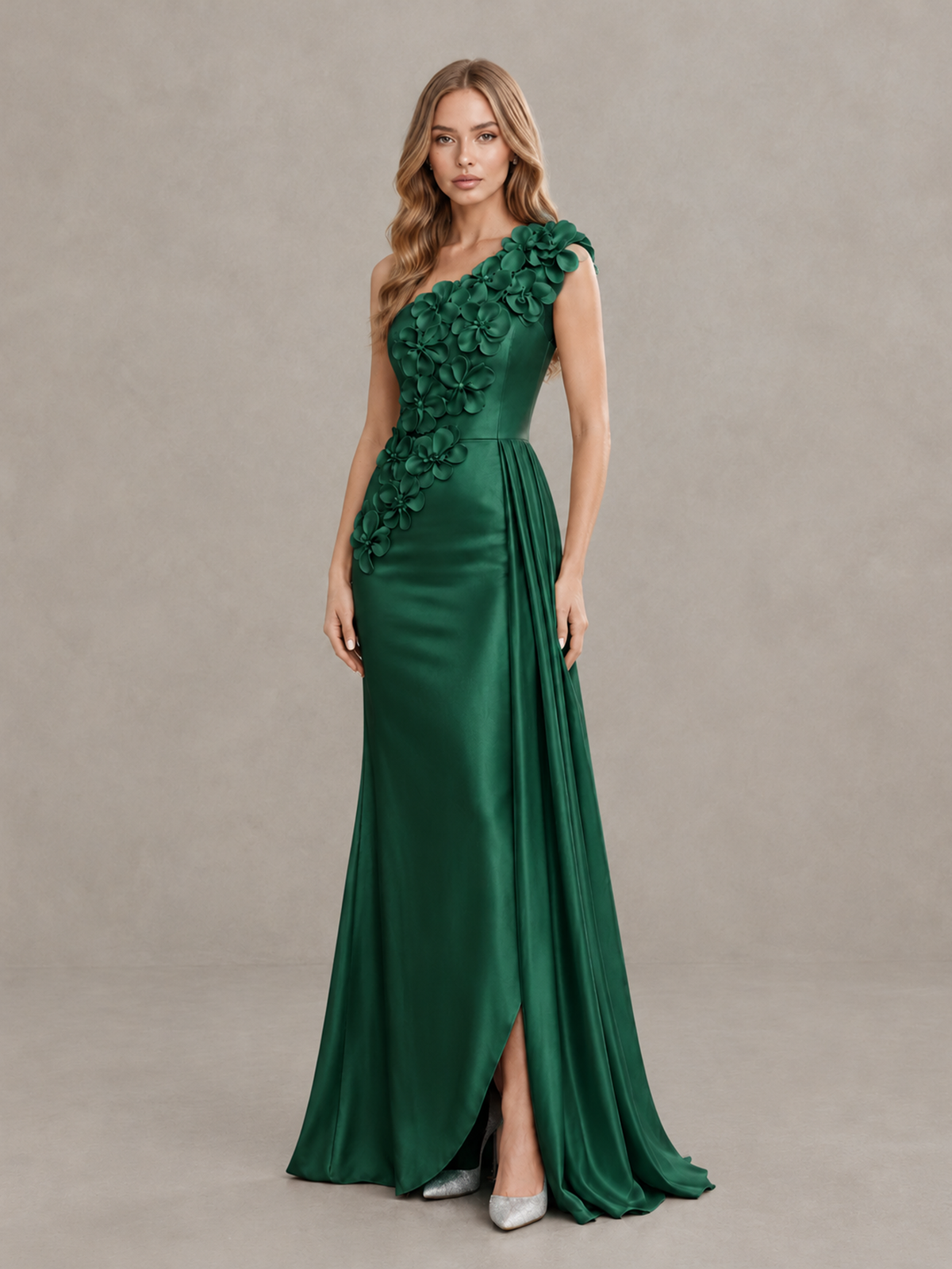 BOLODOO Emerald Green One-Shoulder Satin Mermaid Evening Gown with 3D Floral Appliqué - Emerald Green - Emerald Green_3