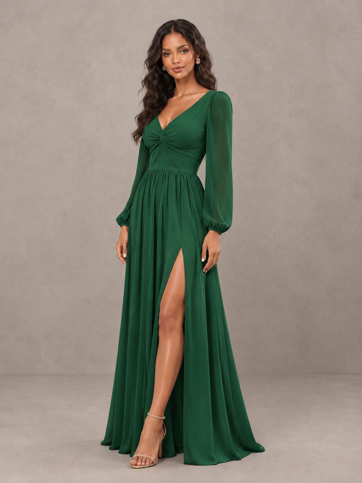 BOLODOO Emerald Green V-Neck Long Sleeve Bridesmaid Dress with Tie Back and Slit - Emerald Green - Emerald Green_3