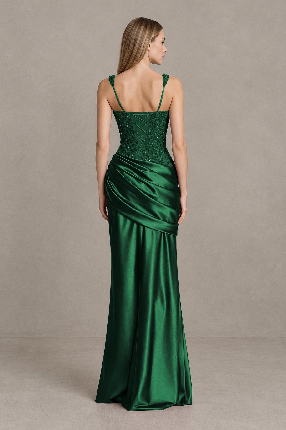 BOLODOO Emerald Green Square Neck Embellished Satin Evening Gown - Emerald Green