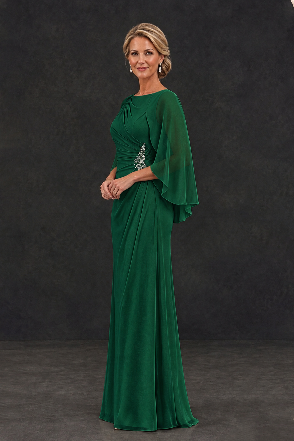BOLODOO Emerald Green Cape Sleeve Mother of the Bride Dress with Ruched Waist - Emerald Green - Emerald Green_3