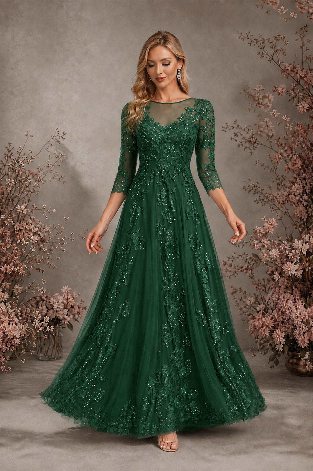 BOLODOO Emerald Green Sequin Lace 3/4 Sleeve Open Back Formal Evening Gown - Emerald Green