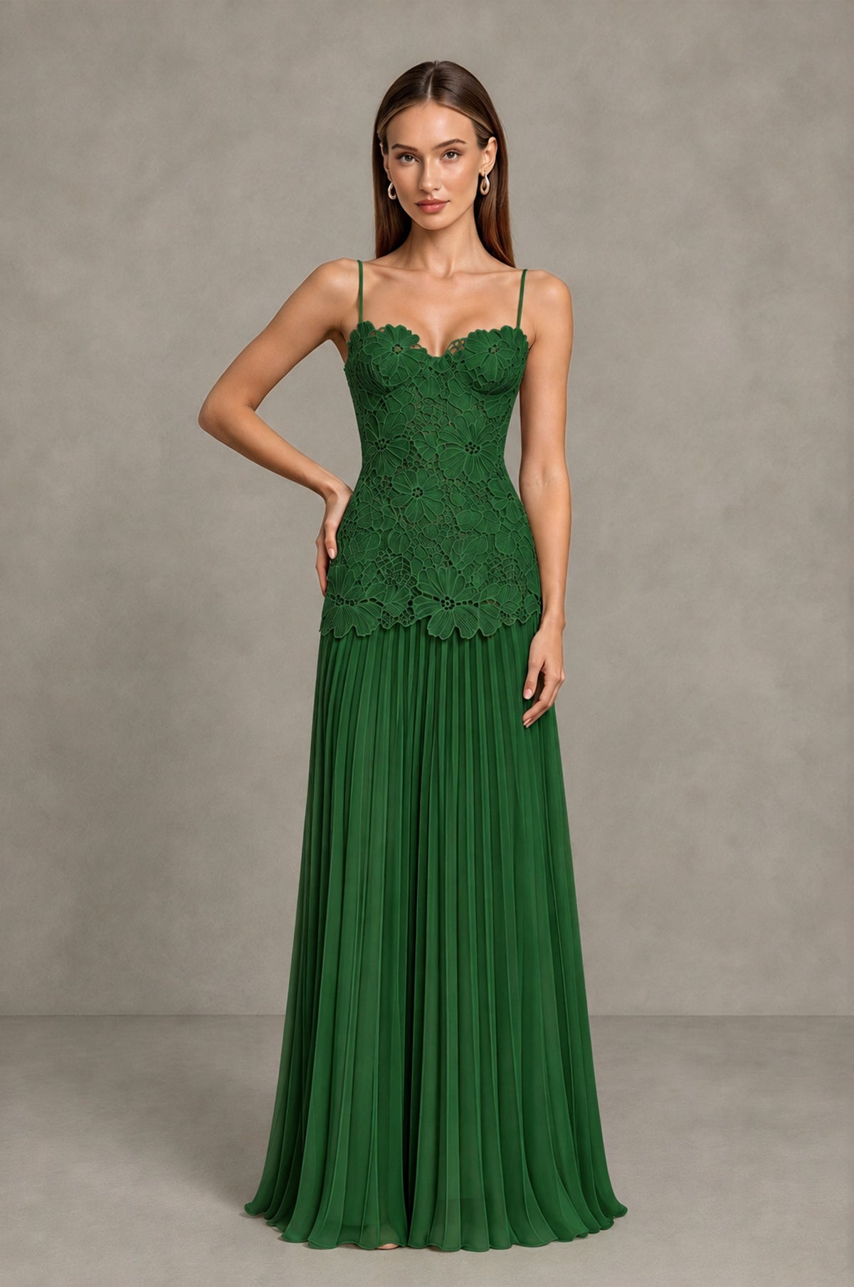 BOLODOO Emerald Green Lace Bodice Pleated Wedding Guest Dress - Emerald Green - Emerald Green_3